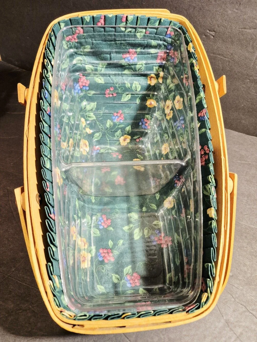 Longaberger Medium Vegetable Basket Liner Green Floral Ruffled Edge  & Protector
